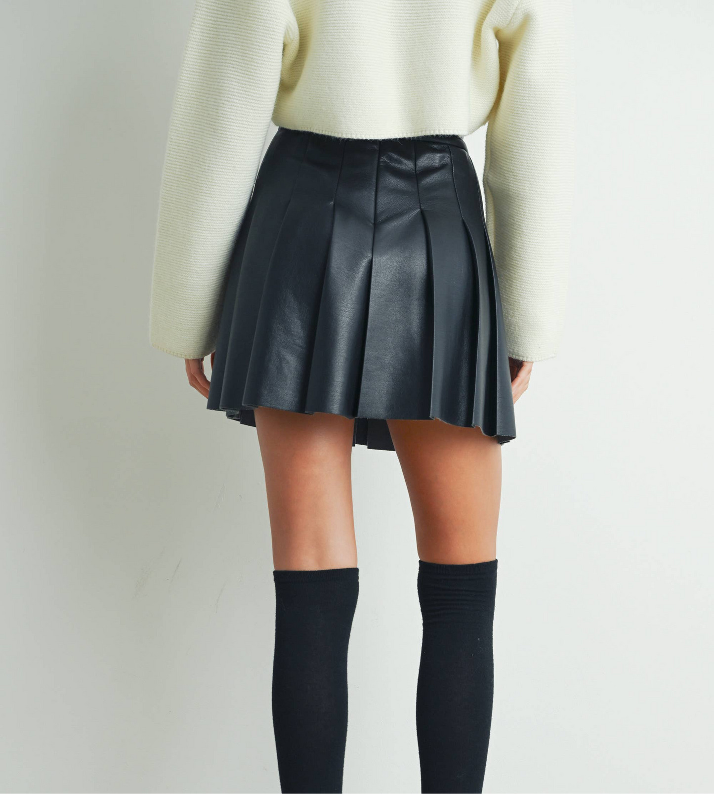 Solid Pleated Leather Mini Skirt
