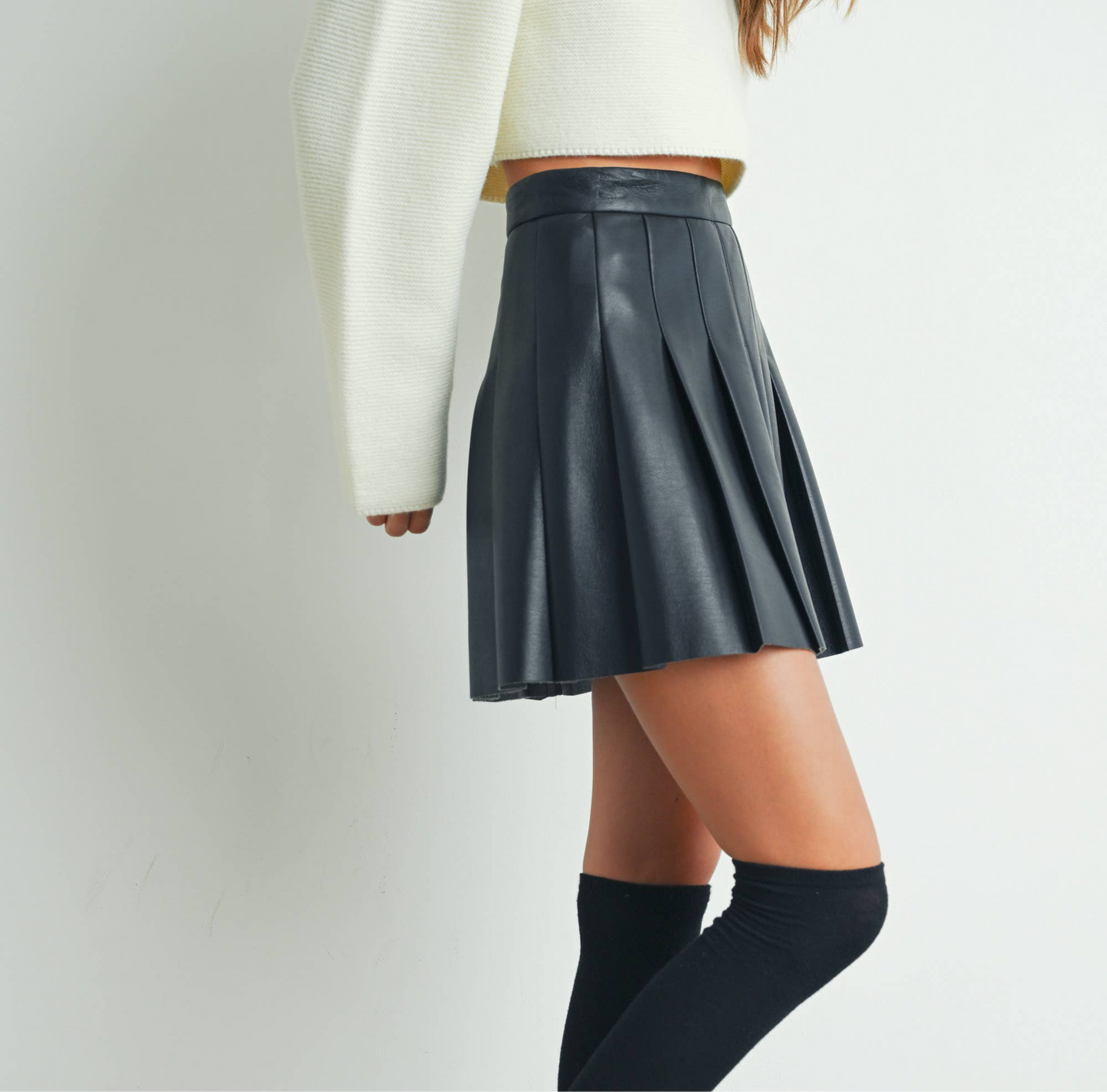 Solid Pleated Leather Mini Skirt