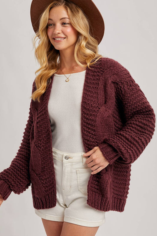 CABLE KNIT CARDIGAN - MAROON